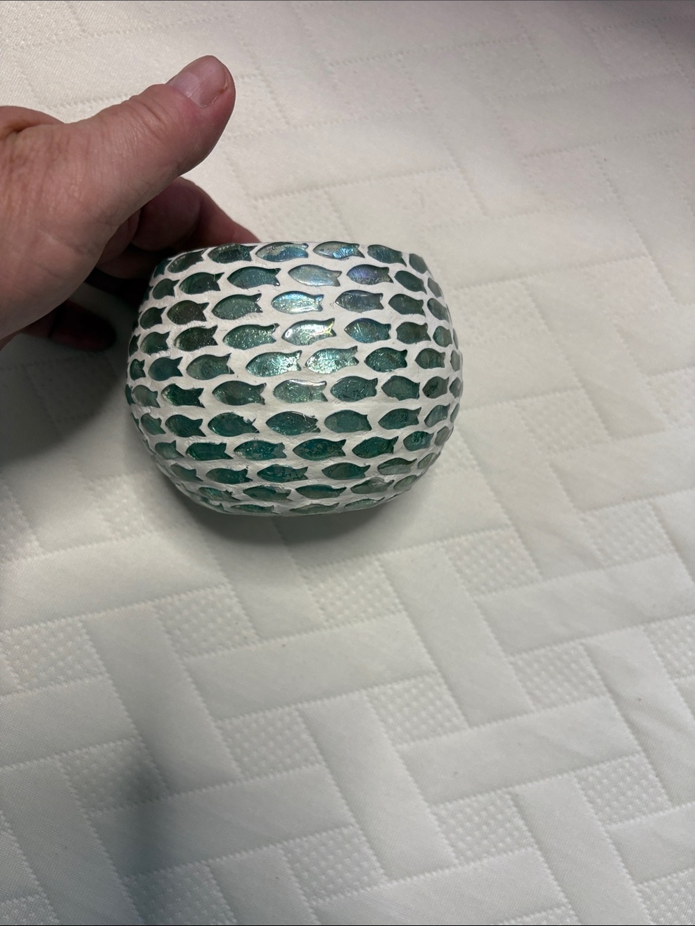 Handmade White and Teal Fish Mosaic Decorative Bowl